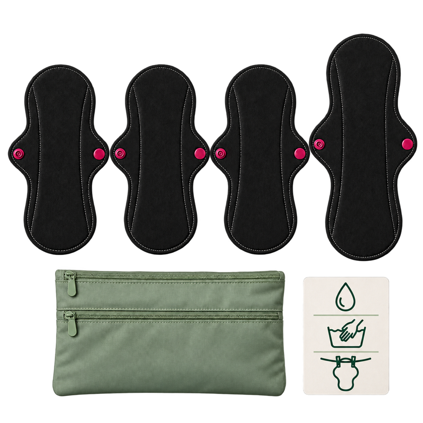 Contents illustration of the reusable menstrual hygiene kit: three 280 mm pads, one 320 mm pad, a pouch and care card