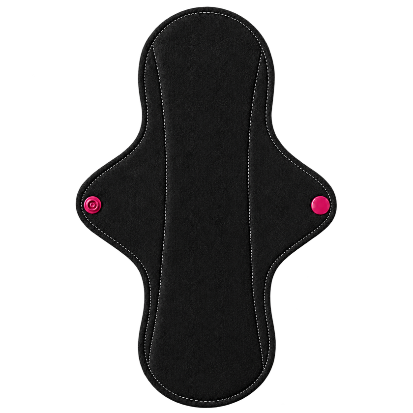 280 mm reusable sanitary pad in black fabric with magenta wing fasteners