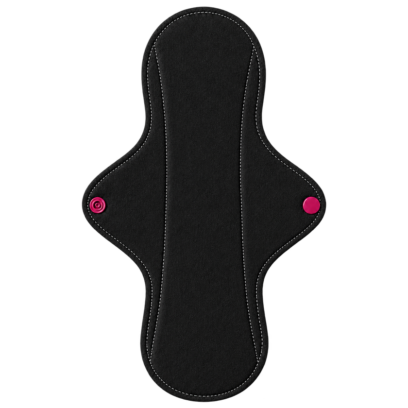 Illustrative 320 mm reusable sanitary pad in black fabric with magenta wing fasteners